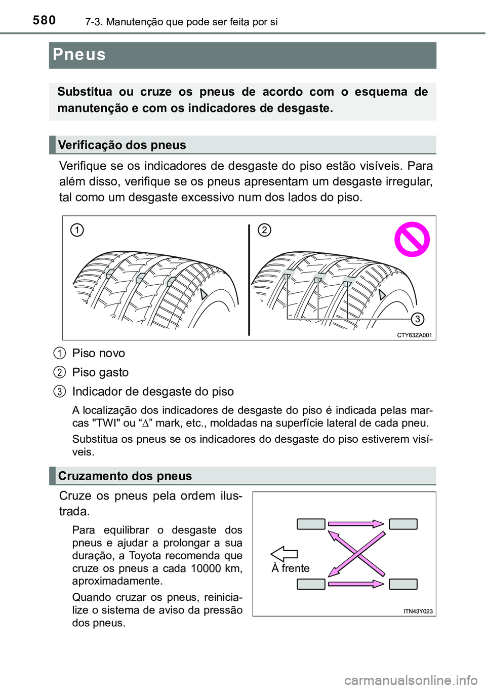 TOYOTA PRIUS PLUG-IN HYBRID 2016 Manual de utilização (in Portuguese) 5807-3. Manutenção que pode ser feita por si
Pneus
Verifique se os indicadores de desgaste do piso estão visíveis. Para
além disso, verifique se os pneus apresentam um desgaste irregular TOYOTA PRIUS PLUG-IN HYBRID 2016 Manual de utilização (in Portuguese) 5807-3. Manutenção que pode ser feita por si
Pneus
Verifique se os indicadores de desgaste do piso estão visíveis. Para
além disso, verifique se os pneus apresentam um desgaste irregular