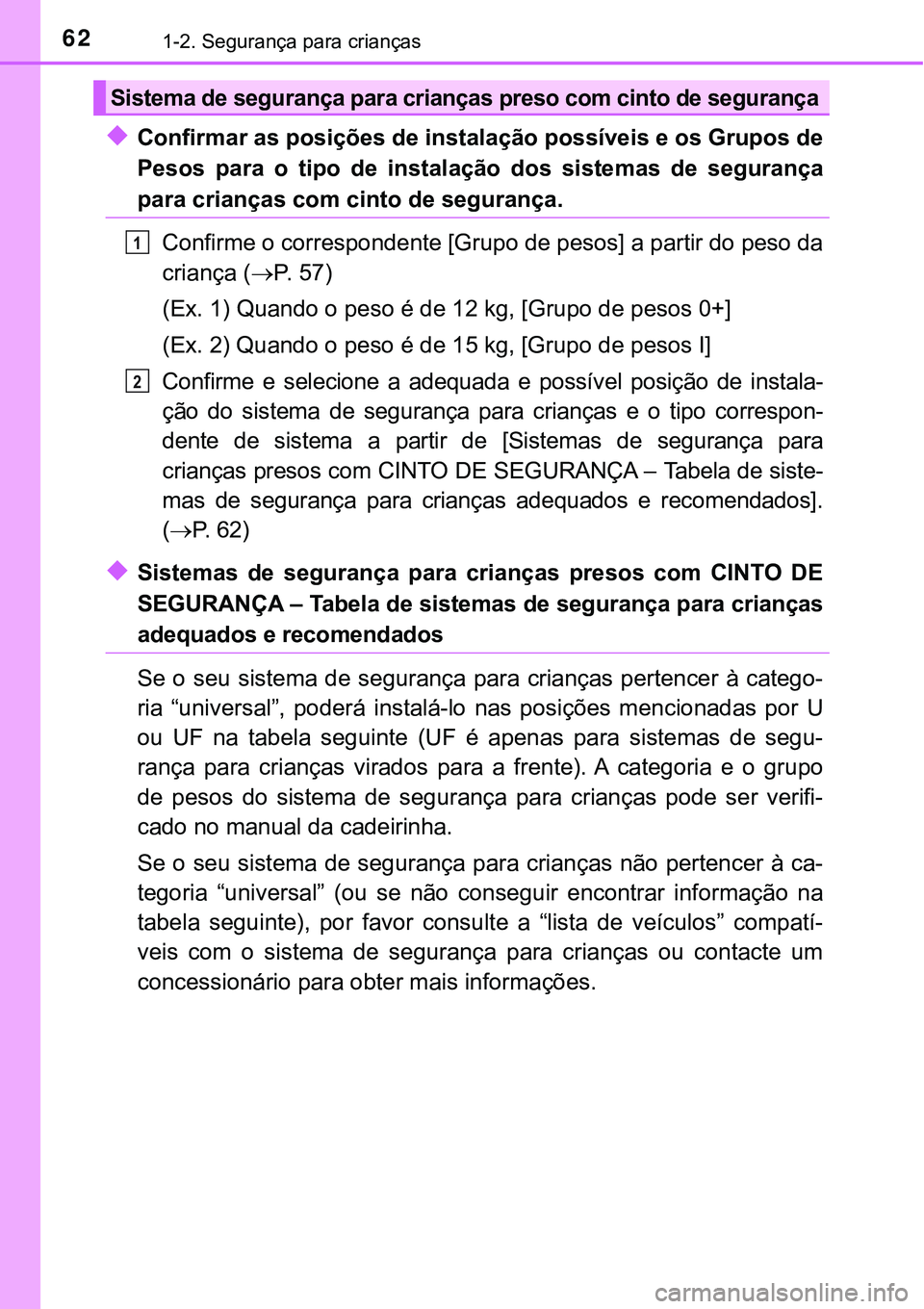 TOYOTA PRIUS PLUG-IN HYBRID 2016 Manual de utilização (in Portuguese) 621-2. Segurança para crianças
uConfirmar as posições de instalação possíveis e os Grupos de
Pesos para o tipo de instalação dos sistemas de segurança
para crianças com cinto de se TOYOTA PRIUS PLUG-IN HYBRID 2016 Manual de utilização (in Portuguese) 621-2. Segurança para crianças
uConfirmar as posições de instalação possíveis e os Grupos de
Pesos para o tipo de instalação dos sistemas de segurança
para crianças com cinto de se