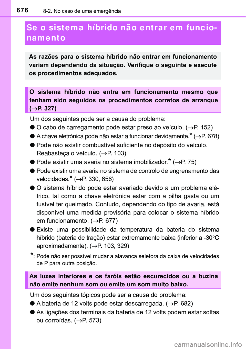 TOYOTA PRIUS PLUG-IN HYBRID 2016 Manual de utilização (in Portuguese) 6768-2. No caso de uma emergência
Se o sistema híbrido não entrar em funcio-
namento
Um dos seguintes pode ser a causa do problema:
lO cabo de carregamento pode estar preso ao veículo. (P. 1 TOYOTA PRIUS PLUG-IN HYBRID 2016 Manual de utilização (in Portuguese) 6768-2. No caso de uma emergência
Se o sistema híbrido não entrar em funcio-
namento
Um dos seguintes pode ser a causa do problema:
lO cabo de carregamento pode estar preso ao veículo. (P. 1