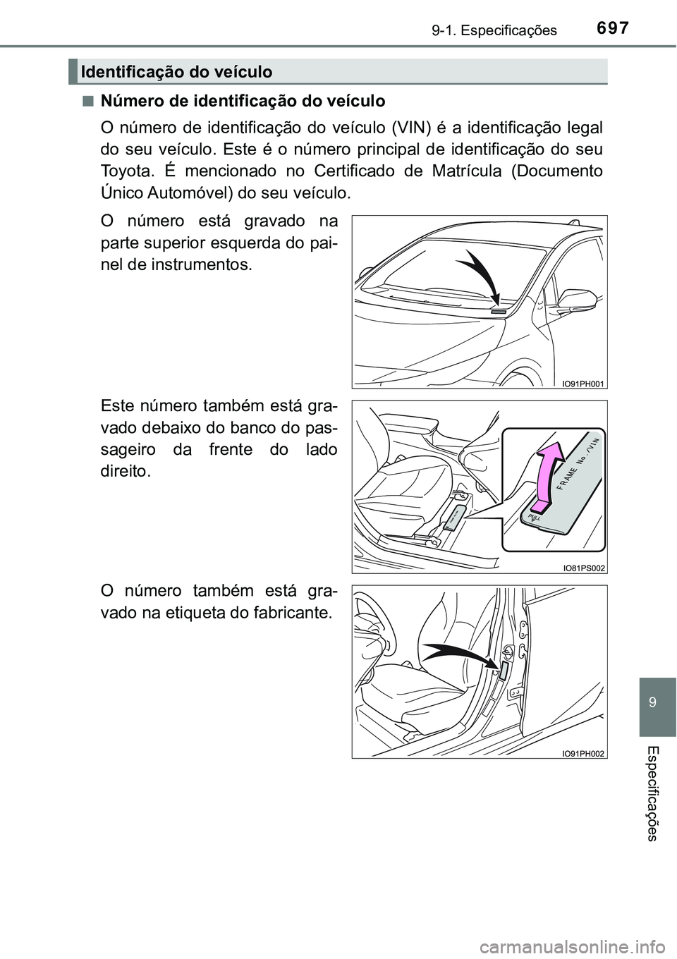 TOYOTA PRIUS PLUG-IN HYBRID 2016 Manual de utilização (in Portuguese) 6979-1. Especificações
9
Especificações
nNúmero de identificação do veículo
O número de identificação do veículo (VIN) é a identificação legal
do seu veículo. Este é o núme TOYOTA PRIUS PLUG-IN HYBRID 2016 Manual de utilização (in Portuguese) 6979-1. Especificações
9
Especificações
nNúmero de identificação do veículo
O número de identificação do veículo (VIN) é a identificação legal
do seu veículo. Este é o núme