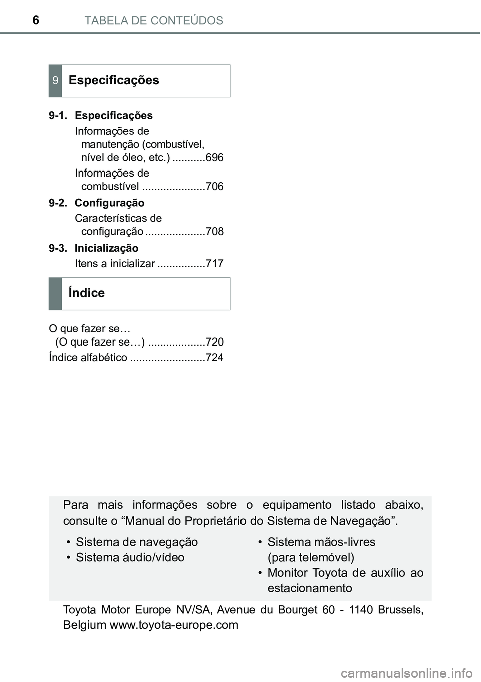 TOYOTA PRIUS PLUG-IN HYBRID 2016  Manual de utilização (in Portuguese) TABELA DE CONTEÚDOS6
9-1. Especificações
Informações de 
manutenção (combustível, 
nível de óleo, etc.) ...........696
Informações de 
combustível .....................706
9-2. Configura�