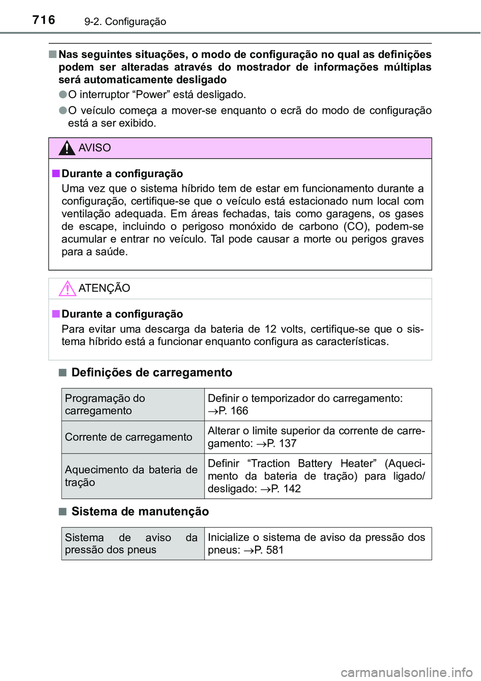 TOYOTA PRIUS PLUG-IN HYBRID 2016 Manual de utilização (in Portuguese) 7169-2. Configuração
nNas seguintes situações, o modo de configuração no qual as definições
podem ser alteradas através do mostrador de informações múltiplas
será automaticamente TOYOTA PRIUS PLUG-IN HYBRID 2016 Manual de utilização (in Portuguese) 7169-2. Configuração
nNas seguintes situações, o modo de configuração no qual as definições
podem ser alteradas através do mostrador de informações múltiplas
será automaticamente