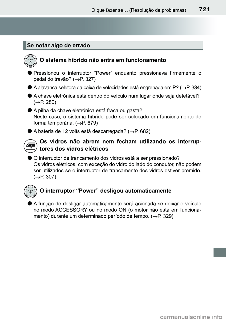TOYOTA PRIUS PLUG-IN HYBRID 2016 Manual de utilização (in Portuguese) 721O que fazer se… (Resolução de problemas)
lPressionou o interruptor “Power” enquanto pressionava firmemente o
pedal do travão? (P. 327)
lA alavanca seletora da caixa de velocidade TOYOTA PRIUS PLUG-IN HYBRID 2016 Manual de utilização (in Portuguese) 721O que fazer se… (Resolução de problemas)
lPressionou o interruptor “Power” enquanto pressionava firmemente o
pedal do travão? (P. 327)
lA alavanca seletora da caixa de velocidade