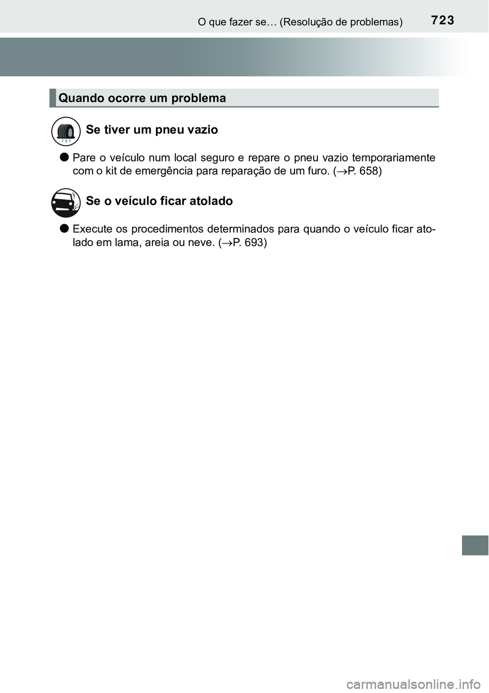 TOYOTA PRIUS PLUG-IN HYBRID 2016 Manual de utilização (in Portuguese) 723O que fazer se… (Resolução de problemas)
lPare o veículo num local seguro e repare o pneu vazio temporariamente
com o kit de emergência para reparação de um furo. (P. 658)
lEx TOYOTA PRIUS PLUG-IN HYBRID 2016 Manual de utilização (in Portuguese) 723O que fazer se… (Resolução de problemas)
lPare o veículo num local seguro e repare o pneu vazio temporariamente
com o kit de emergência para reparação de um furo. (P. 658)
lEx