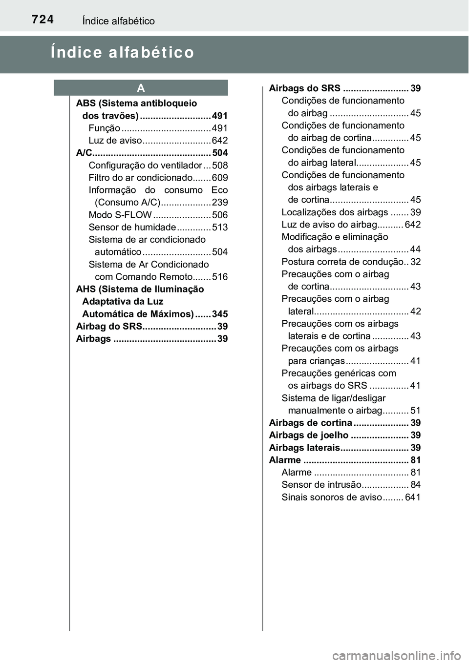 TOYOTA PRIUS PLUG-IN HYBRID 2016 Manual de utilização (in Portuguese) 724Índice alfabético
Índice alfabético
ABS (Sistema antibloqueio
dos travões) ........................... 491
Função .................................. 491
Luz de aviso ....................... TOYOTA PRIUS PLUG-IN HYBRID 2016 Manual de utilização (in Portuguese) 724Índice alfabético
Índice alfabético
ABS (Sistema antibloqueio
dos travões) ........................... 491
Função .................................. 491
Luz de aviso .......................