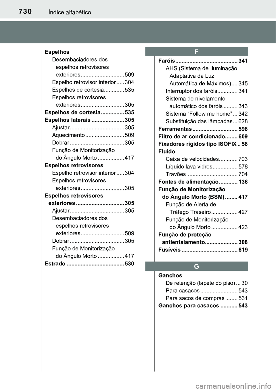 TOYOTA PRIUS PLUG-IN HYBRID 2016 Manual de utilização (in Portuguese) 730Índice alfabético
Espelhos
Desembaciadores dos
espelhos retrovisores
exteriores ............................ 509
Espelho retrovisor interior ..... 304
Espelhos de cortesia............. 535
Espe TOYOTA PRIUS PLUG-IN HYBRID 2016 Manual de utilização (in Portuguese) 730Índice alfabético
Espelhos
Desembaciadores dos
espelhos retrovisores
exteriores ............................ 509
Espelho retrovisor interior ..... 304
Espelhos de cortesia............. 535
Espe