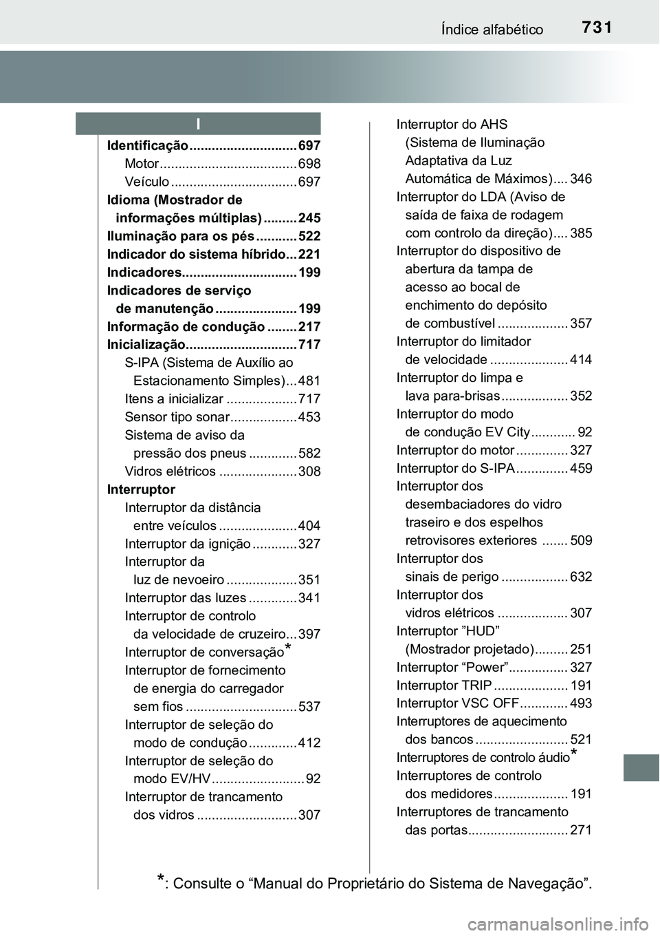 TOYOTA PRIUS PLUG-IN HYBRID 2016 Manual de utilização (in Portuguese) 731Índice alfabético
Identificação ............................. 697
Motor ..................................... 698
Veículo .................................. 697
Idioma (Mostrador de
informaç TOYOTA PRIUS PLUG-IN HYBRID 2016 Manual de utilização (in Portuguese) 731Índice alfabético
Identificação ............................. 697
Motor ..................................... 698
Veículo .................................. 697
Idioma (Mostrador de
informaç