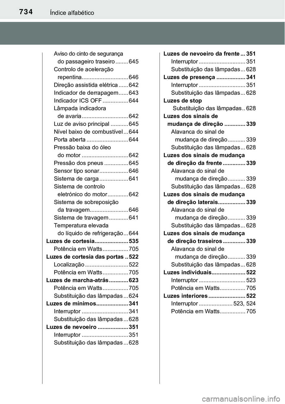 TOYOTA PRIUS PLUG-IN HYBRID 2016 Manual de utilização (in Portuguese) 734Índice alfabético
Aviso do cinto de segurança
do passageiro traseiro ........ 645
Controlo de aceleração
repentina............................. 646
Direção assistida elétrica ...... 642
In TOYOTA PRIUS PLUG-IN HYBRID 2016 Manual de utilização (in Portuguese) 734Índice alfabético
Aviso do cinto de segurança
do passageiro traseiro ........ 645
Controlo de aceleração
repentina............................. 646
Direção assistida elétrica ...... 642
In