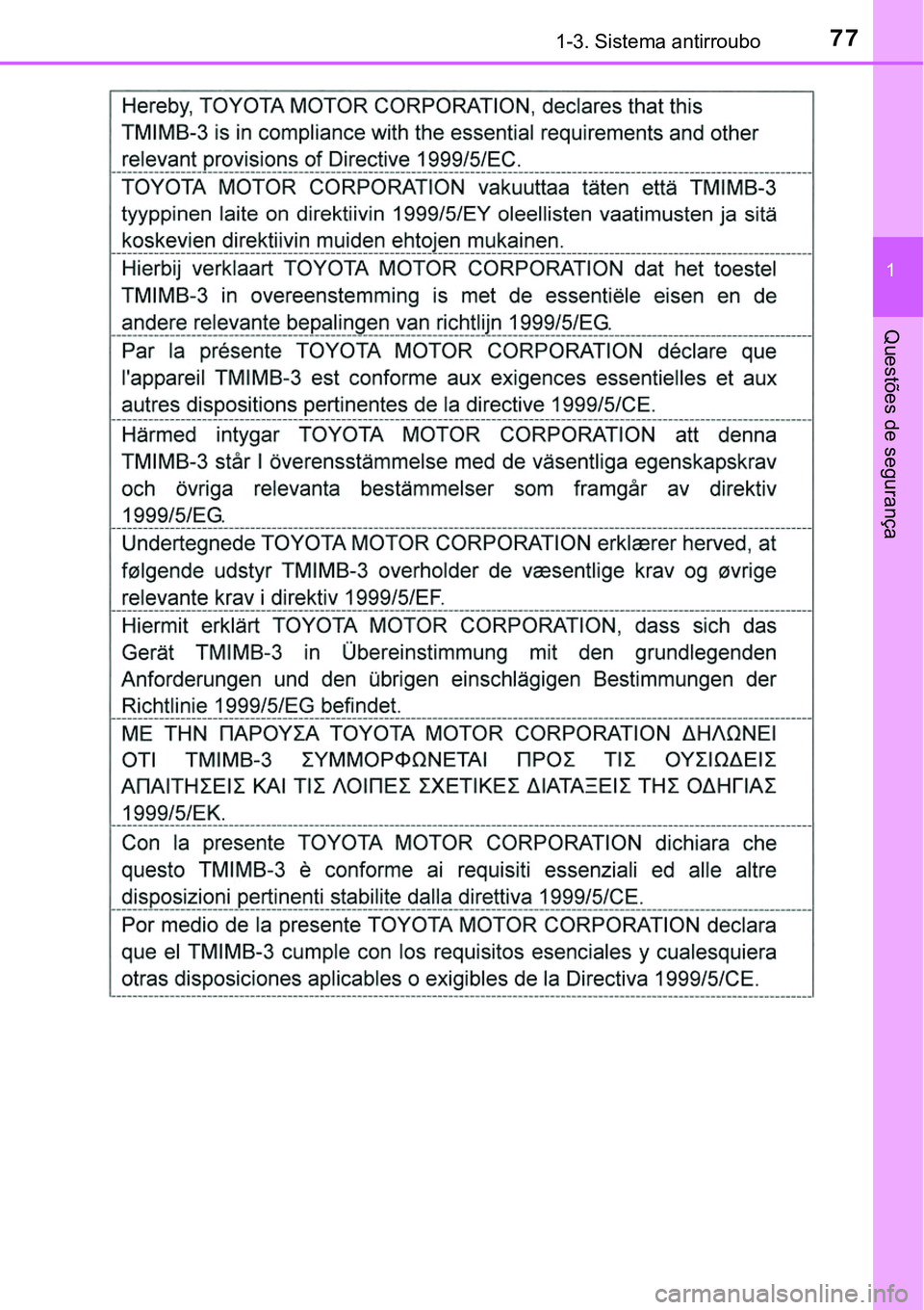 TOYOTA PRIUS PLUG-IN HYBRID 2016 Manual de utilização (in Portuguese) 771-3. Sistema antirroubo
1
Questões de segurança TOYOTA PRIUS PLUG-IN HYBRID 2016 Manual de utilização (in Portuguese) 771-3. Sistema antirroubo
1
Questões de segurança