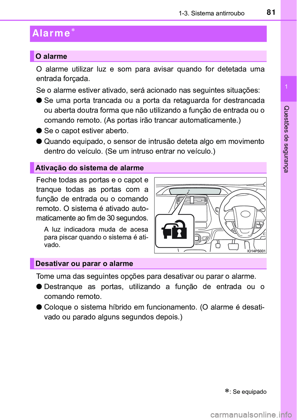TOYOTA PRIUS PLUG-IN HYBRID 2016  Manual de utilização (in Portuguese) 81
1
1-3. Sistema antirroubo
Questões de segurança
Alar me
O  alarme  utilizar  luz  e  som  para  avisar  quando  for  detetada  uma
entrada forçada.
Se o alarme estiver ativado, será acionado