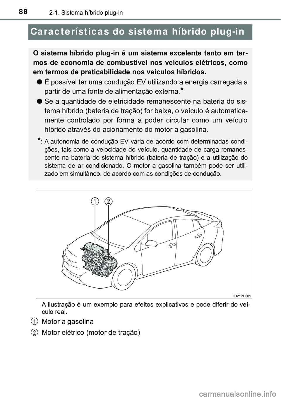 TOYOTA PRIUS PLUG-IN HYBRID 2016  Manual de utilização (in Portuguese) 882-1. Sistema híbrido plug-in
Características do sistema híbrido plug-in
A  ilustração  é  um  exemplo  para  efeitos  explicativos  e  pode  diferir  do  veí-
culo real.
Motor a gasolina
Moto