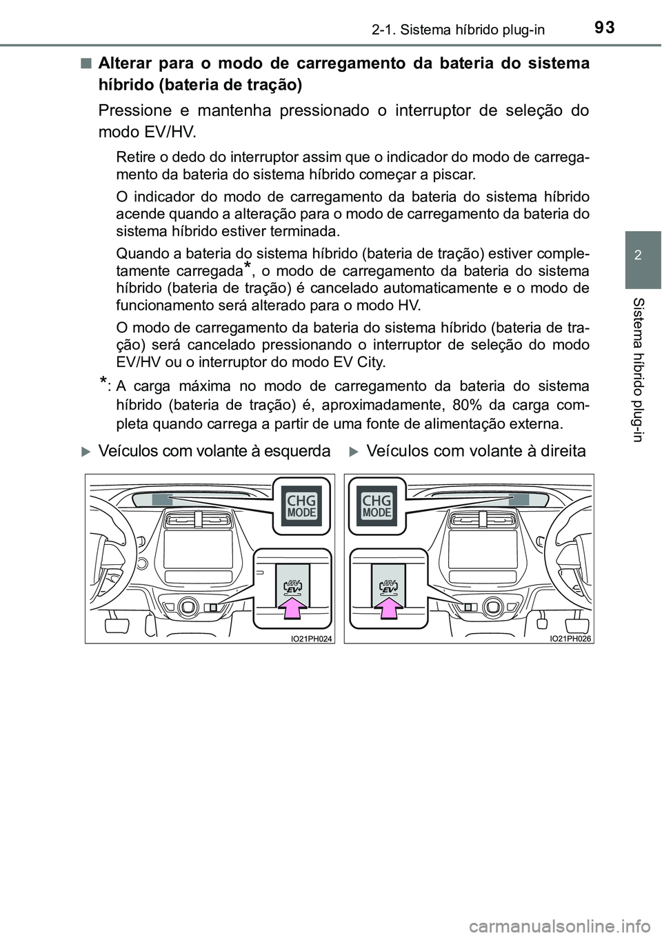 TOYOTA PRIUS PLUG-IN HYBRID 2016 Manual de utilização (in Portuguese) 932-1. Sistema híbrido plug-in
2
Sistema híbrido plug-in
nAlterar para o modo de carregamento da bateria do sistema
híbrido (bateria de tração)
Pressione e mantenha pressionado o in TOYOTA PRIUS PLUG-IN HYBRID 2016 Manual de utilização (in Portuguese) 932-1. Sistema híbrido plug-in
2
Sistema híbrido plug-in
nAlterar para o modo de carregamento da bateria do sistema
híbrido (bateria de tração)
Pressione e mantenha pressionado o in