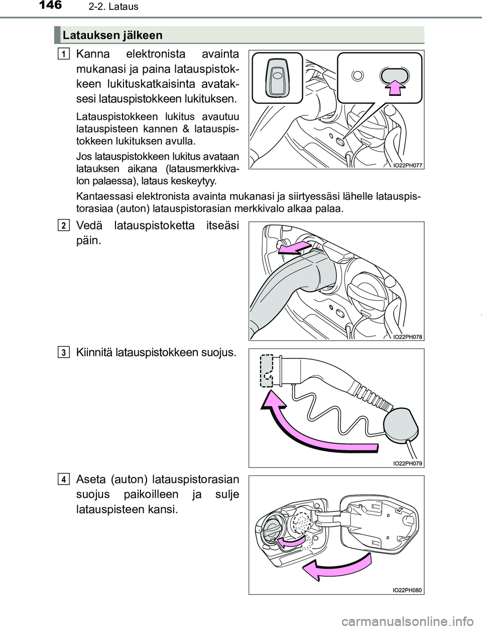 TOYOTA PRIUS PLUG-IN HYBRID 2016  Omistajan Käsikirja (in Finnish) 1462-2. Lataus
OM47A89FI
Kanna elektronista avainta
mukanasi ja paina latauspistok-
keen lukituskatkaisinta avatak-
sesi latauspistokkeen lukituksen.
Latauspistokkeen lukitus avautuu
latauspisteen kan
