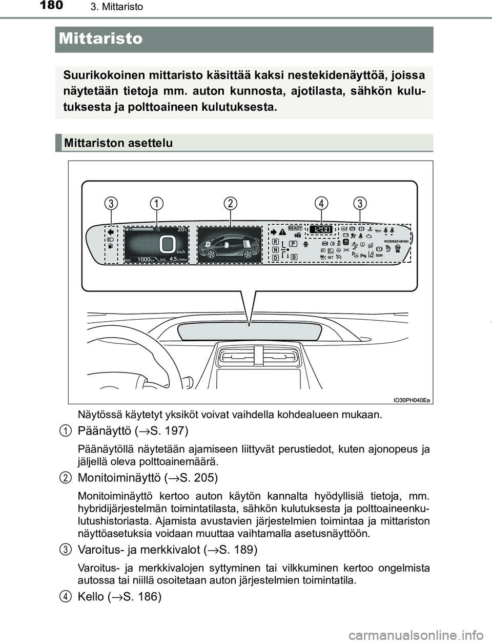TOYOTA PRIUS PLUG-IN HYBRID 2016  Omistajan Käsikirja (in Finnish) 1803. Mittaristo
OM47A89FI
Mittaristo
Näytössä käytetyt yksiköt voivat vaihdella kohdealueen mukaan.
Päänäyttö (→S. 197)
Päänäytöllä näytetään ajamiseen liittyvät perustiedot, kute