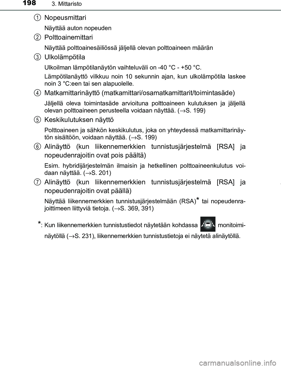TOYOTA PRIUS PLUG-IN HYBRID 2016 Omistajan Käsikirja (in Finnish) 1983. Mittaristo
OM47A89FI
Nopeusmittari
Näyttää auton nopeuden
Polttoainemittari
Näyttää polttoainesäiliössä jäljellä olevan polt\
toaineen määrän
Ulkolämpötila
Ulkoilman lämpötilan TOYOTA PRIUS PLUG-IN HYBRID 2016 Omistajan Käsikirja (in Finnish) 1983. Mittaristo
OM47A89FI
Nopeusmittari
Näyttää auton nopeuden
Polttoainemittari
Näyttää polttoainesäiliössä jäljellä olevan polt\
toaineen määrän
Ulkolämpötila
Ulkoilman lämpötilan