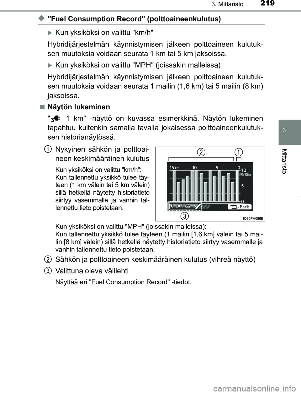 TOYOTA PRIUS PLUG-IN HYBRID 2016  Omistajan Käsikirja (in Finnish) 2193. Mittaristo
3
Mittaristo
OM47A89FI
◆"Fuel Consumption Record" (polttoaineenkulutus)
Kun yksiköksi on valittu "km/h"
Hybridijärjestelmän käynnistymis en jälkeen polttoaineen kulutuk-
sen
