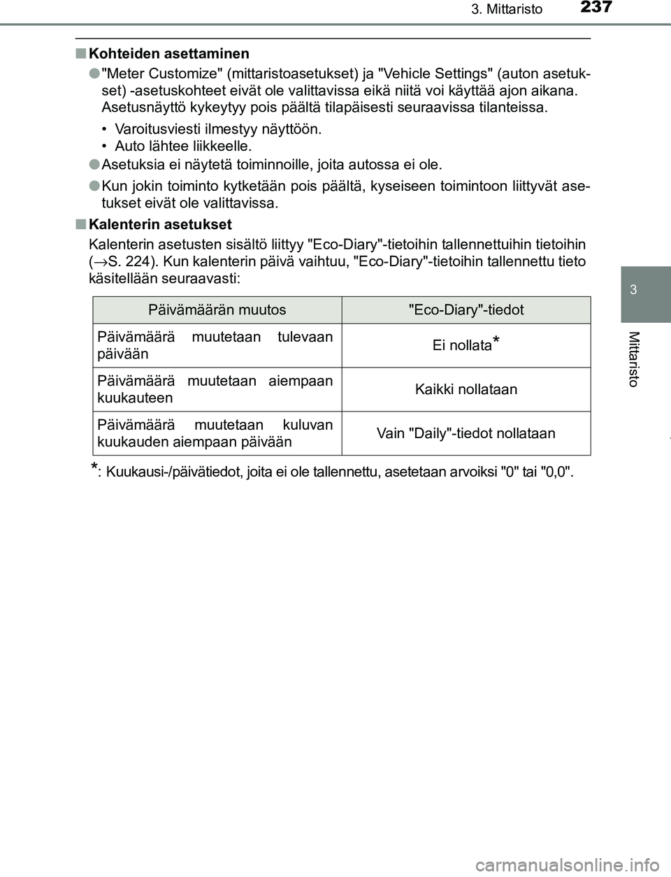 TOYOTA PRIUS PLUG-IN HYBRID 2016 Omistajan Käsikirja (in Finnish) 2373. Mittaristo
3
Mittaristo
OM47A89FI
■Kohteiden asettaminen
●"Meter Customize" (mittaristoasetukset) ja "Vehicle Settings" (auton asetuk-
set) -asetuskohteet eivät ole valittavissa eikä niit TOYOTA PRIUS PLUG-IN HYBRID 2016 Omistajan Käsikirja (in Finnish) 2373. Mittaristo
3
Mittaristo
OM47A89FI
■Kohteiden asettaminen
●"Meter Customize" (mittaristoasetukset) ja "Vehicle Settings" (auton asetuk-
set) -asetuskohteet eivät ole valittavissa eikä niit