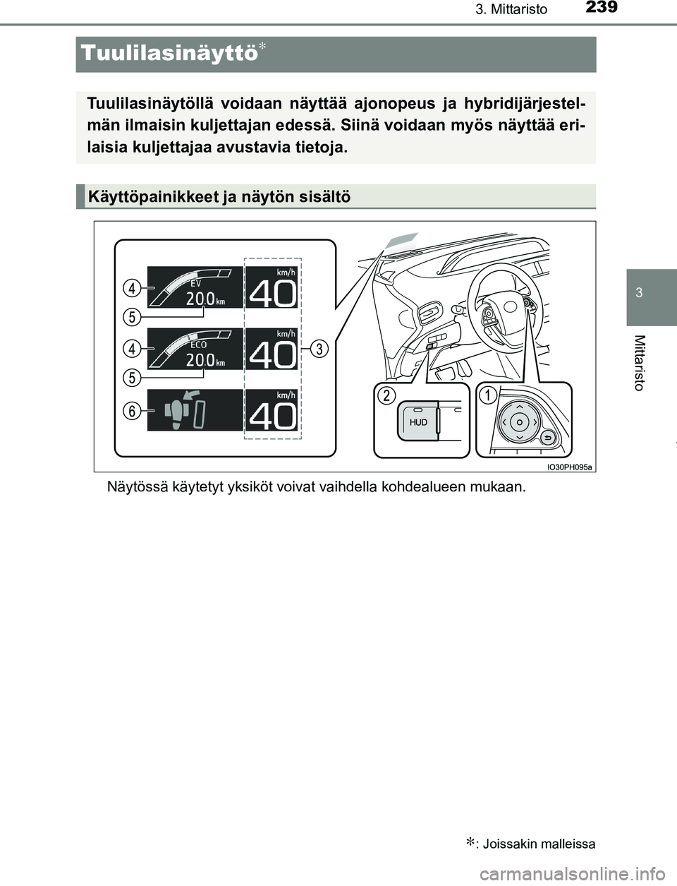 TOYOTA PRIUS PLUG-IN HYBRID 2016 Omistajan Käsikirja (in Finnish) 2393. Mittaristo
OM47A89FI
3
Mittaristo
Tuulilasinäyttö∗
Näytössä käytetyt yksiköt voivat vaihdella kohdealueen mukaan.
∗: Joissakin malleissa
Tuulilasinäytöllä voidaan näyttää ajonop TOYOTA PRIUS PLUG-IN HYBRID 2016 Omistajan Käsikirja (in Finnish) 2393. Mittaristo
OM47A89FI
3
Mittaristo
Tuulilasinäyttö∗
Näytössä käytetyt yksiköt voivat vaihdella kohdealueen mukaan.
∗: Joissakin malleissa
Tuulilasinäytöllä voidaan näyttää ajonop