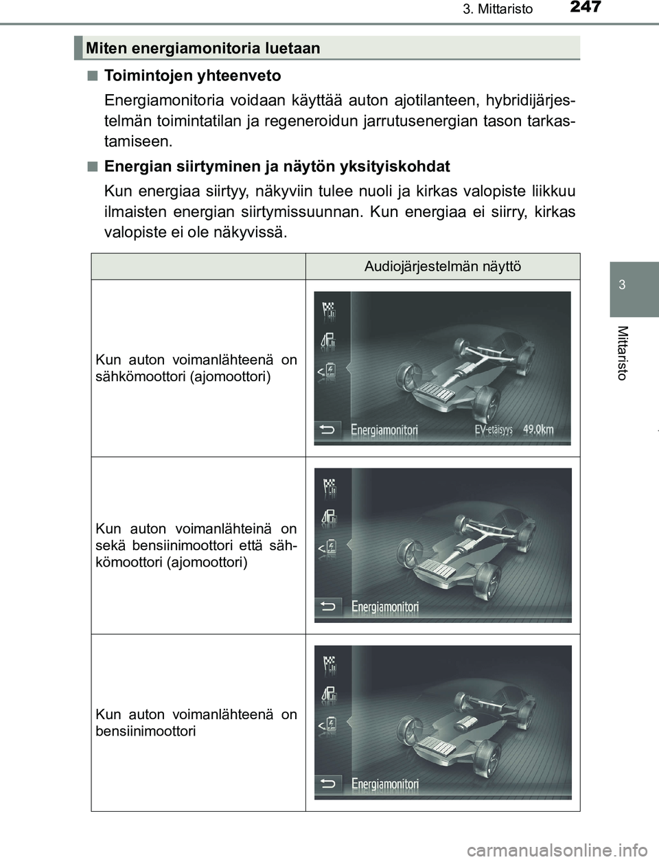 TOYOTA PRIUS PLUG-IN HYBRID 2016  Omistajan Käsikirja (in Finnish) 2473. Mittaristo
3
Mittaristo
OM47A89FI■
Toimintojen yhteenveto
Energiamonitoria voidaan käyttää auton ajotilanteen, hybridijärjes-
telmän toimintatilan ja regeneroidu
n jarrutusenergian tason 