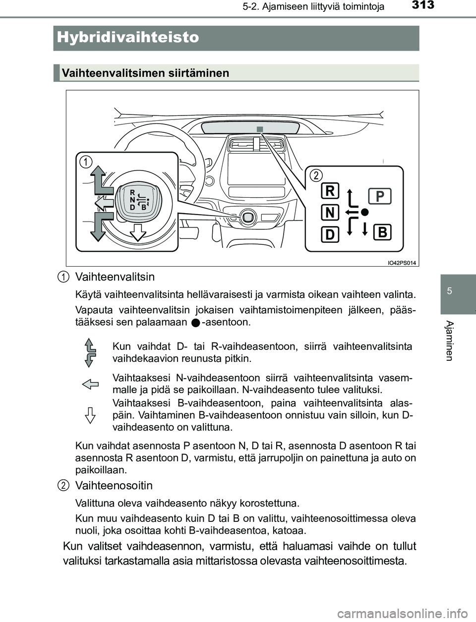 TOYOTA PRIUS PLUG-IN HYBRID 2016 Omistajan Käsikirja (in Finnish) 3135-2. Ajamiseen liittyviä toimintoja
OM47A89FI
5
Ajaminen
Hybridivaihteisto
Vaihteenvalitsin
Käytä vaihteenvalitsinta hellävaraisesti ja varmista oikean vaihteen valinta.
Vapauta vaihteenvalitsi TOYOTA PRIUS PLUG-IN HYBRID 2016 Omistajan Käsikirja (in Finnish) 3135-2. Ajamiseen liittyviä toimintoja
OM47A89FI
5
Ajaminen
Hybridivaihteisto
Vaihteenvalitsin
Käytä vaihteenvalitsinta hellävaraisesti ja varmista oikean vaihteen valinta.
Vapauta vaihteenvalitsi