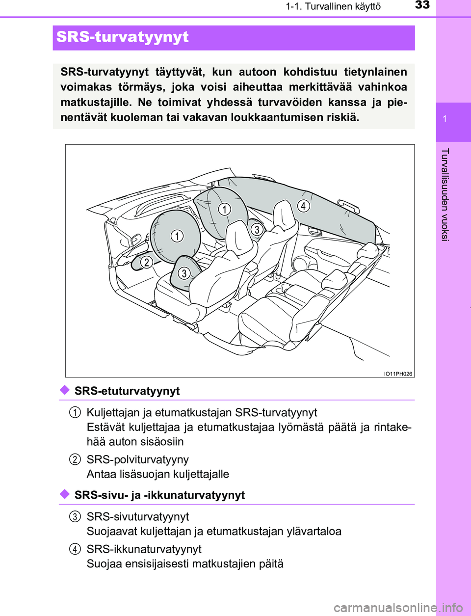TOYOTA PRIUS PLUG-IN HYBRID 2016  Omistajan Käsikirja (in Finnish) 331-1. Turvallinen käyttö
1
Turvallisuuden vuoksi
OM47A89FI
SRS-turvatyynyt
◆SRS-etuturvatyynytKuljettajan ja etumatkustajan SRS-turvatyynyt
Estävät kuljettajaa ja etumatkustajaa lyömästä pä