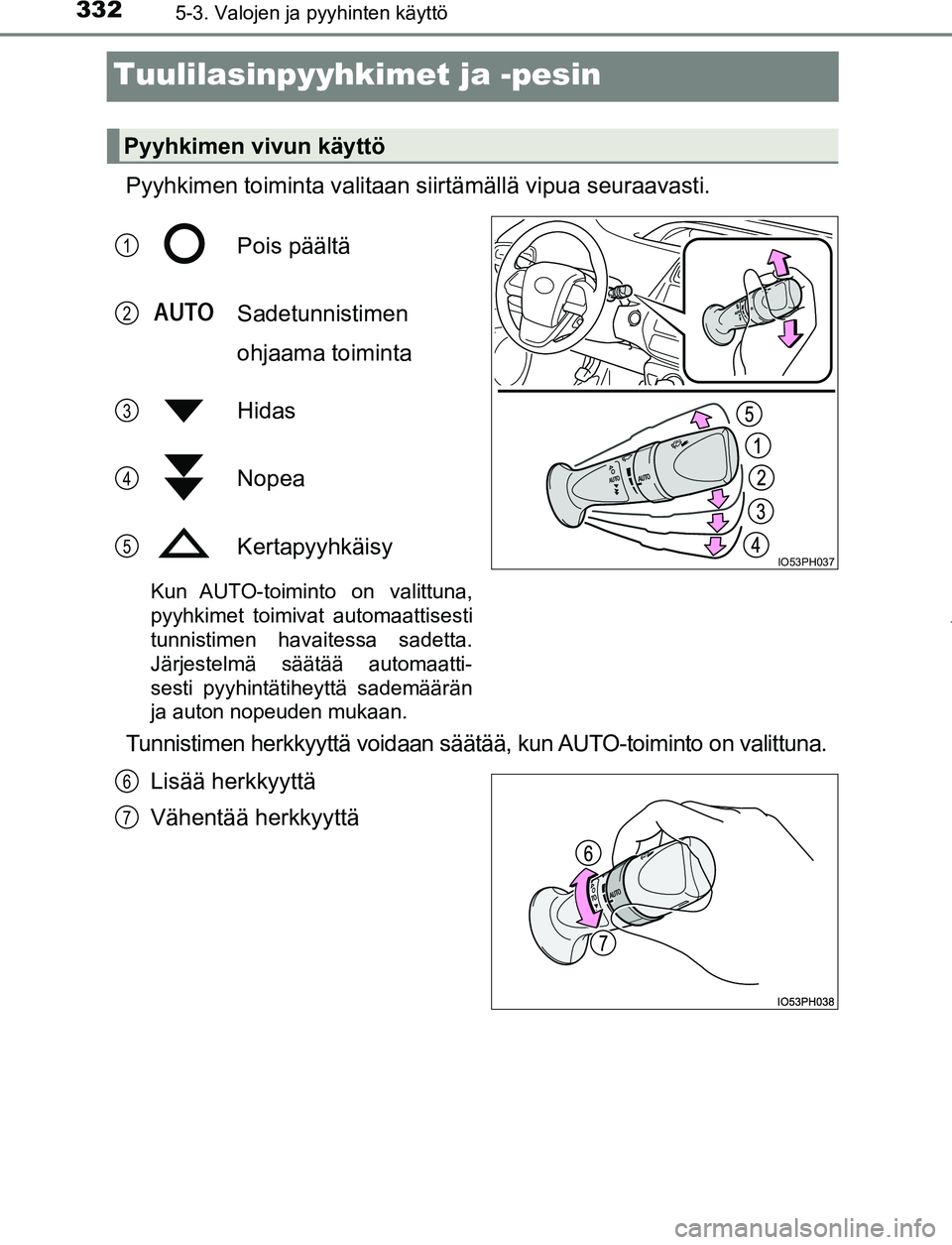 TOYOTA PRIUS PLUG-IN HYBRID 2016 Omistajan Käsikirja (in Finnish) 3325-3. Valojen ja pyyhinten käyttö
OM47A89FI
Tuulilasinpyyhkimet ja -pesin
Pyyhkimen toiminta valitaan siirtämällä vipua seuraavasti.Pois päältä
Sadetunnistimen
ohjaama toiminta
Hidas
Nopea
K TOYOTA PRIUS PLUG-IN HYBRID 2016 Omistajan Käsikirja (in Finnish) 3325-3. Valojen ja pyyhinten käyttö
OM47A89FI
Tuulilasinpyyhkimet ja -pesin
Pyyhkimen toiminta valitaan siirtämällä vipua seuraavasti.Pois päältä
Sadetunnistimen
ohjaama toiminta
Hidas
Nopea
K