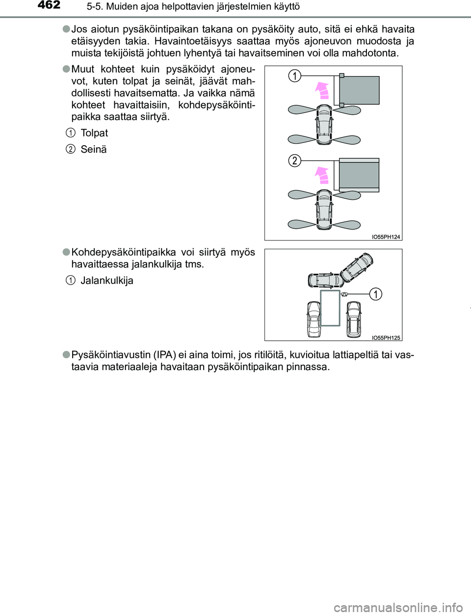 TOYOTA PRIUS PLUG-IN HYBRID 2016 Omistajan Käsikirja (in Finnish) 4625-5. Muiden ajoa helpottavien järjestelmien käyttö
OM47A89FI●
Jos aiotun pysäköintipaikan takana on pysäköity auto, sitä ei ehkä havaita
etäisyyden takia. Havaintoetäisyys saattaa myö TOYOTA PRIUS PLUG-IN HYBRID 2016 Omistajan Käsikirja (in Finnish) 4625-5. Muiden ajoa helpottavien järjestelmien käyttö
OM47A89FI●
Jos aiotun pysäköintipaikan takana on pysäköity auto, sitä ei ehkä havaita
etäisyyden takia. Havaintoetäisyys saattaa myö
