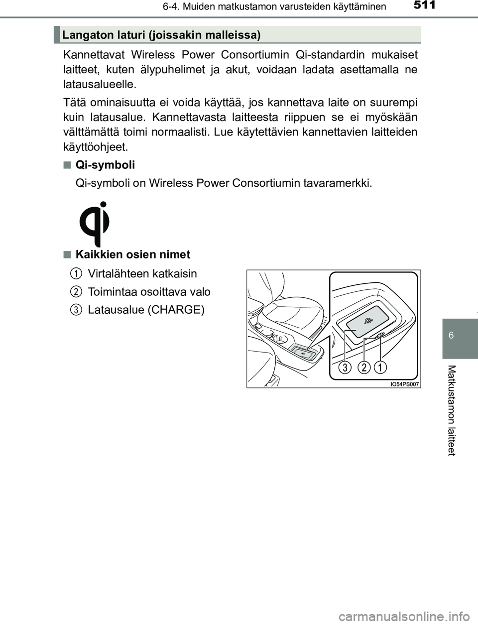 TOYOTA PRIUS PLUG-IN HYBRID 2016 Omistajan Käsikirja (in Finnish) 5116-4. Muiden matkustamon varusteiden käyttäminen
OM47A89FI
6
Matkustamon laitteet
Kannettavat Wireless Power Consortiumin Qi-standardin mukaiset
laitteet, kuten älypuhelimet ja akut, voidaan lada TOYOTA PRIUS PLUG-IN HYBRID 2016 Omistajan Käsikirja (in Finnish) 5116-4. Muiden matkustamon varusteiden käyttäminen
OM47A89FI
6
Matkustamon laitteet
Kannettavat Wireless Power Consortiumin Qi-standardin mukaiset
laitteet, kuten älypuhelimet ja akut, voidaan lada