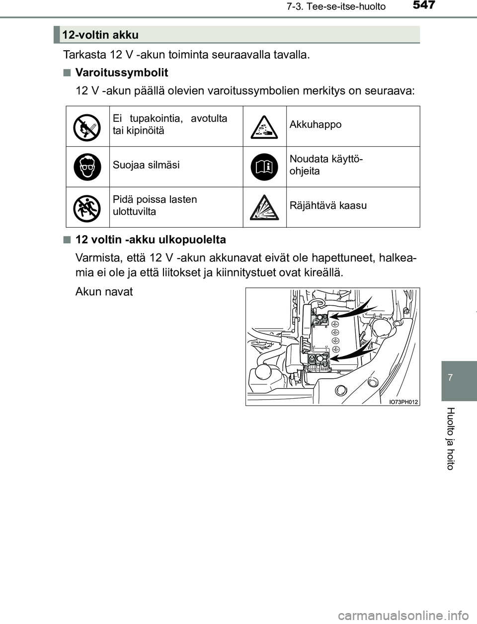 TOYOTA PRIUS PLUG-IN HYBRID 2016 Omistajan Käsikirja (in Finnish) 5477-3. Tee-se-itse-huolto
OM47A89FI
7
Huolto ja hoito
Tarkasta 12 V -akun toiminta seuraavalla tavalla.
■Varoitussymbolit
12 V -akun päällä olevien varoitussymbolien merkitys on seuraava:
■12 TOYOTA PRIUS PLUG-IN HYBRID 2016 Omistajan Käsikirja (in Finnish) 5477-3. Tee-se-itse-huolto
OM47A89FI
7
Huolto ja hoito
Tarkasta 12 V -akun toiminta seuraavalla tavalla.
■Varoitussymbolit
12 V -akun päällä olevien varoitussymbolien merkitys on seuraava:
■12