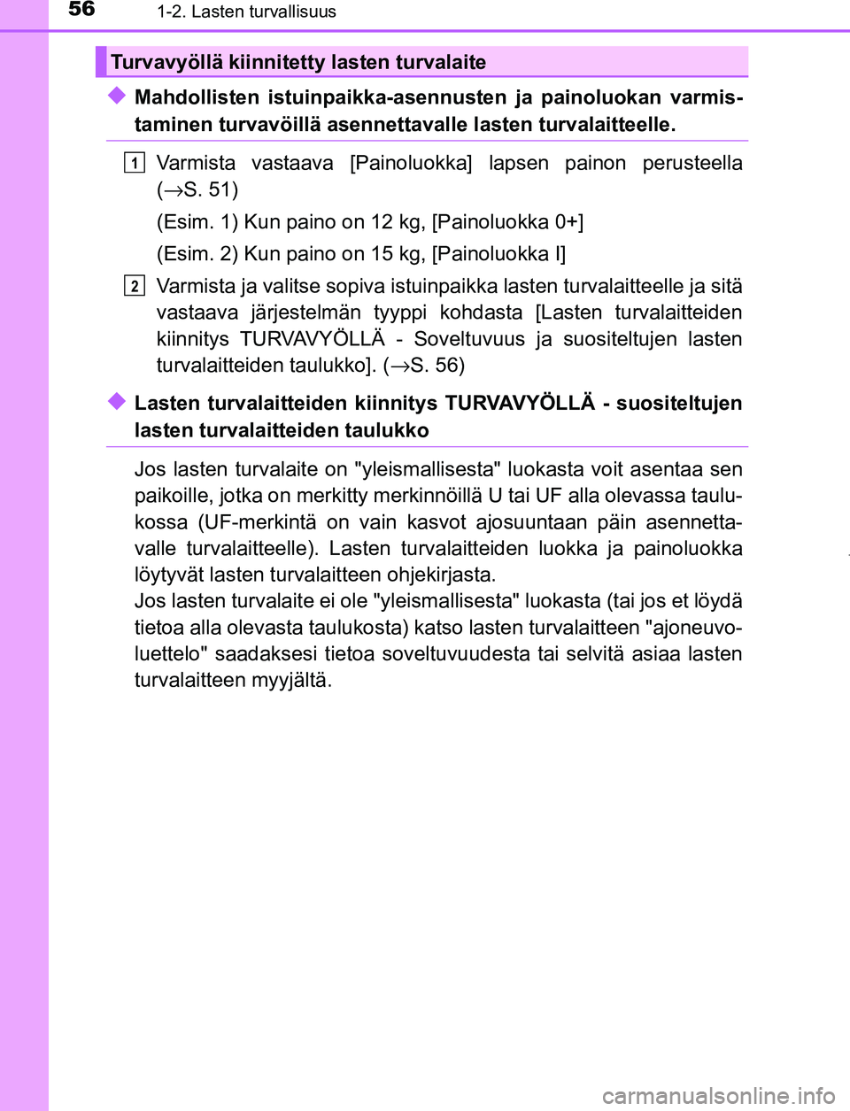 TOYOTA PRIUS PLUG-IN HYBRID 2016  Omistajan Käsikirja (in Finnish) 561-2. Lasten turvallisuus
OM47A89FI
◆Mahdollisten istuinpaikka-asennusten ja painoluokan varmis-
taminen turvavöillä asennettavalle lasten turvalaitteelle.
Varmista vastaava [Painoluokk a] lapsen
