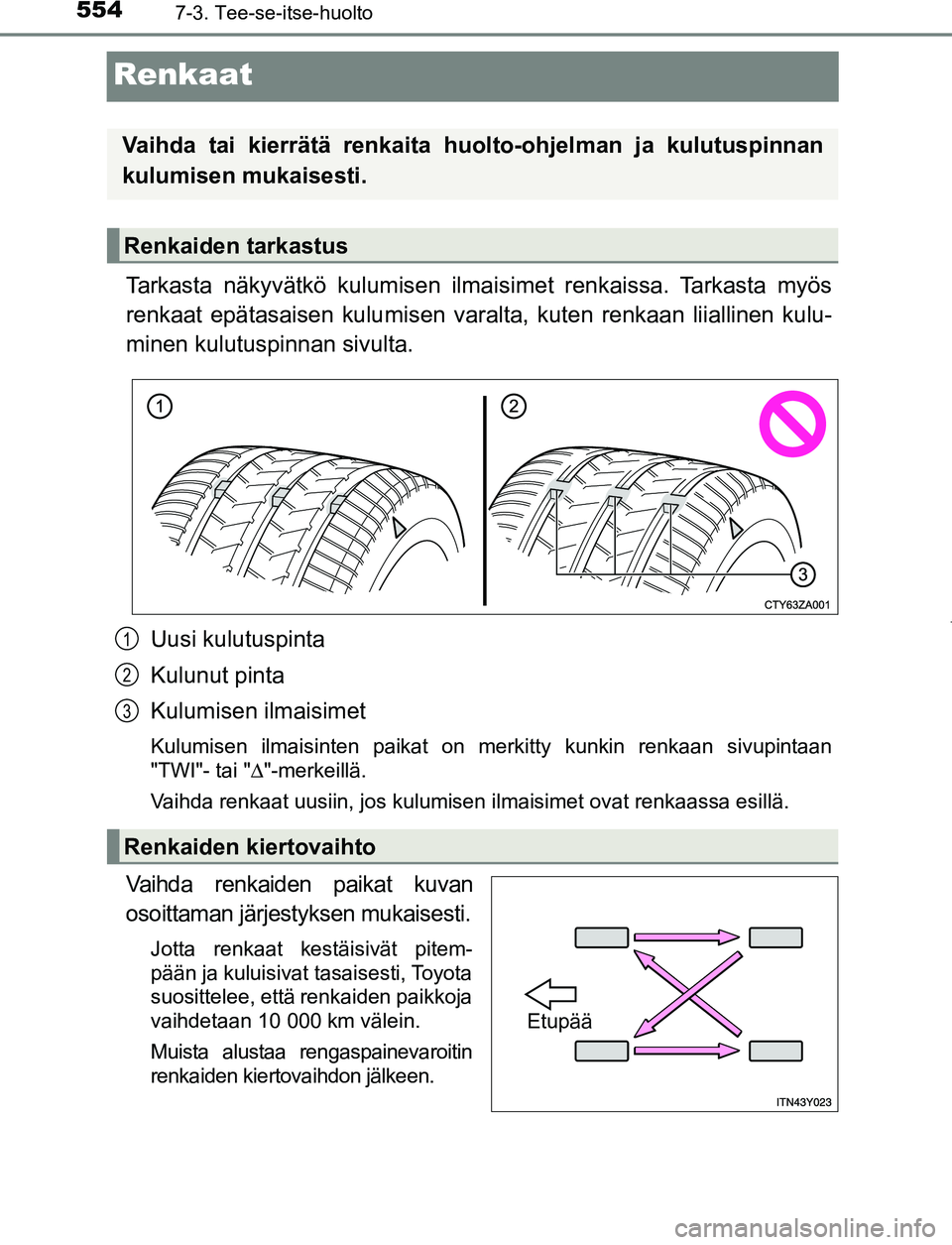 TOYOTA PRIUS PLUG-IN HYBRID 2016  Omistajan Käsikirja (in Finnish) 5547-3. Tee-se-itse-huolto
OM47A89FI
Renkaat
Tarkasta näkyvätkö kulumisen ilmaisimet renkaissa. Tarkasta myös
renkaat epätasaisen kulumisen varalta, kuten renkaan liiallinen kulu-
minen kulutuspi