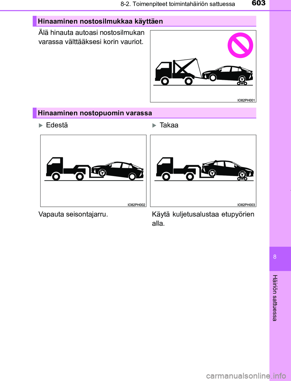 TOYOTA PRIUS PLUG-IN HYBRID 2016  Omistajan Käsikirja (in Finnish) 6038-2. Toimenpiteet toimintahäiriön sattuessa
OM47A89FI
8
Häiriön sattuessa
Älä hinauta autoasi nostosilmukan
varassa välttääksesi korin vauriot.
Hinaaminen nostosilmukkaa käyttäen
Hinaami