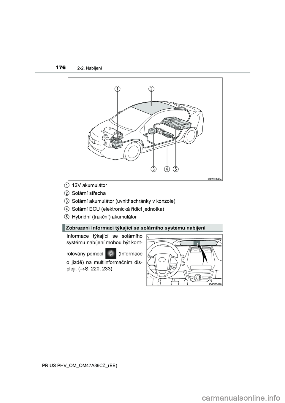 TOYOTA PRIUS PLUG-IN HYBRID 2016 Návod na použití (in Czech) 1762-2. Nabíjení
PRIUS PHV_OM_OM47A89CZ_(EE)
12V akumulátor
Solární střecha
Solární akumulátor (uvnitř schránky v konzole)
Solární ECU (elektronická řídicí jednotka)
Hybridní (trakč TOYOTA PRIUS PLUG-IN HYBRID 2016 Návod na použití (in Czech) 1762-2. Nabíjení
PRIUS PHV_OM_OM47A89CZ_(EE)
12V akumulátor
Solární střecha
Solární akumulátor (uvnitř schránky v konzole)
Solární ECU (elektronická řídicí jednotka)
Hybridní (trakč