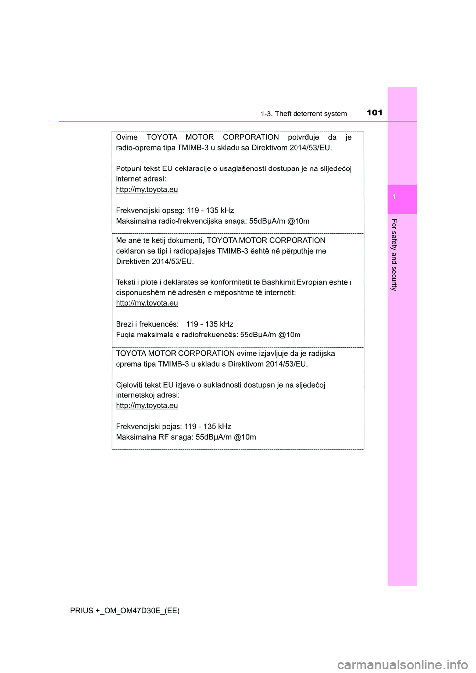 TOYOTA PRIUS PLUS 2019  Owners Manual 1011-3. Theft deterrent system
1
PRIUS +_OM_OM47D30E_(EE)
For safety and security 