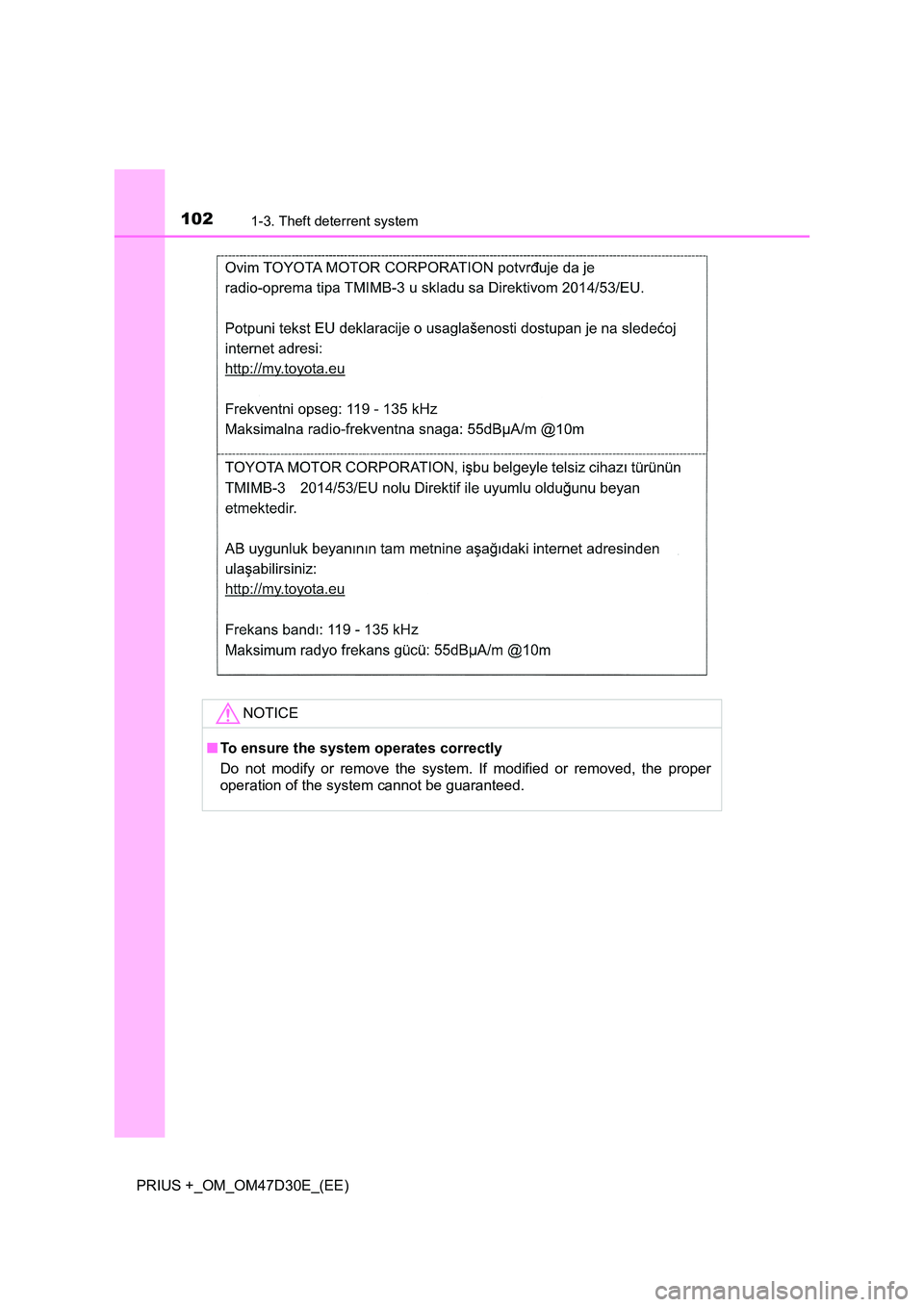 TOYOTA PRIUS PLUS 2019  Owners Manual 1021-3. Theft deterrent system
PRIUS +_OM_OM47D30E_(EE)
NOTICE
■To ensure the system operates correctly 
Do not modify or remove the system. If modified or removed, the proper 
operation of the syst