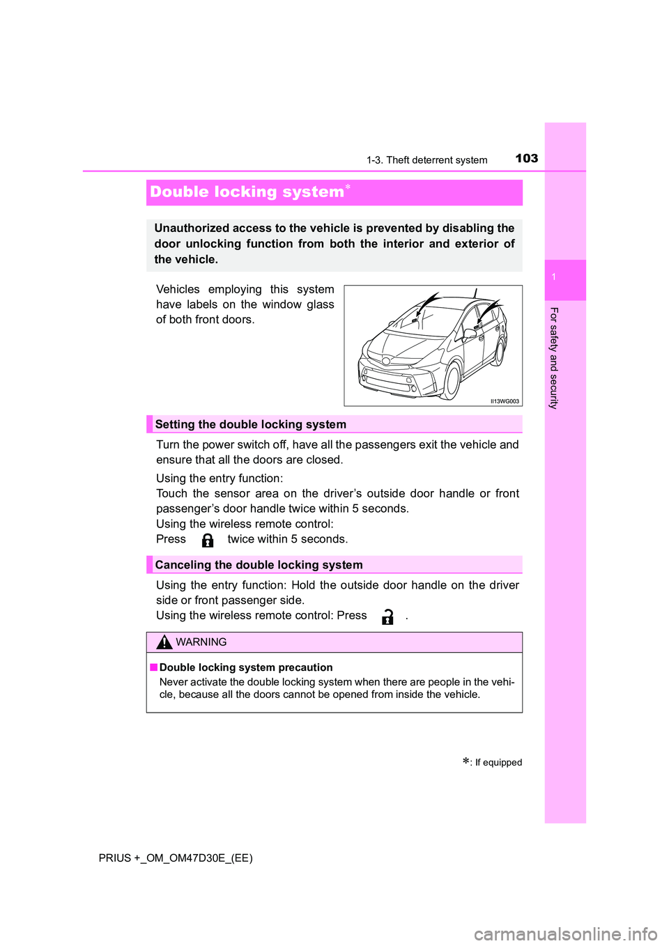 TOYOTA PRIUS PLUS 2019 Owners Manual 103
1
1-3. Theft deterrent system
PRIUS +_OM_OM47D30E_(EE)
For safety and security
Double locking system
Vehicles employing this system
have labels on the window glass
of both front doors.
Turn TOYOTA PRIUS PLUS 2019 Owners Manual 103
1
1-3. Theft deterrent system
PRIUS +_OM_OM47D30E_(EE)
For safety and security
Double locking system
Vehicles employing this system
have labels on the window glass
of both front doors.
Turn