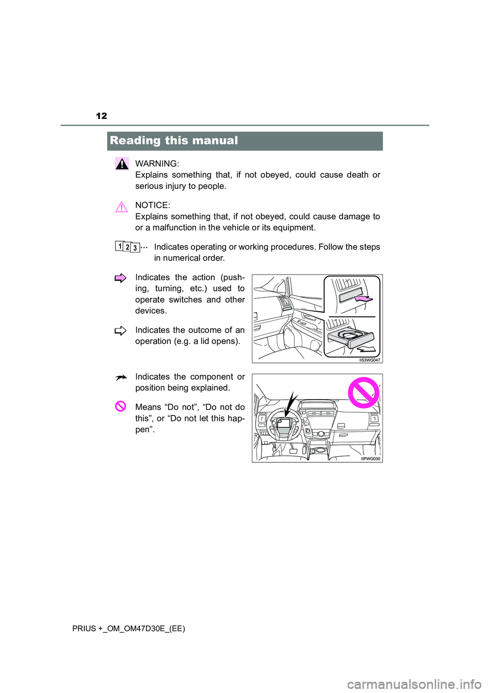 TOYOTA PRIUS PLUS 2019 User Guide 12
PRIUS +_OM_OM47D30E_(EE)
Reading this manual
WARNING:
Explains something that, if not obeyed, could cause death or
serious injury to people.
NOTICE:
Explains something that, if not obeyed, could TOYOTA PRIUS PLUS 2019 User Guide 12
PRIUS +_OM_OM47D30E_(EE)
Reading this manual
WARNING:
Explains something that, if not obeyed, could cause death or
serious injury to people.
NOTICE:
Explains something that, if not obeyed, could