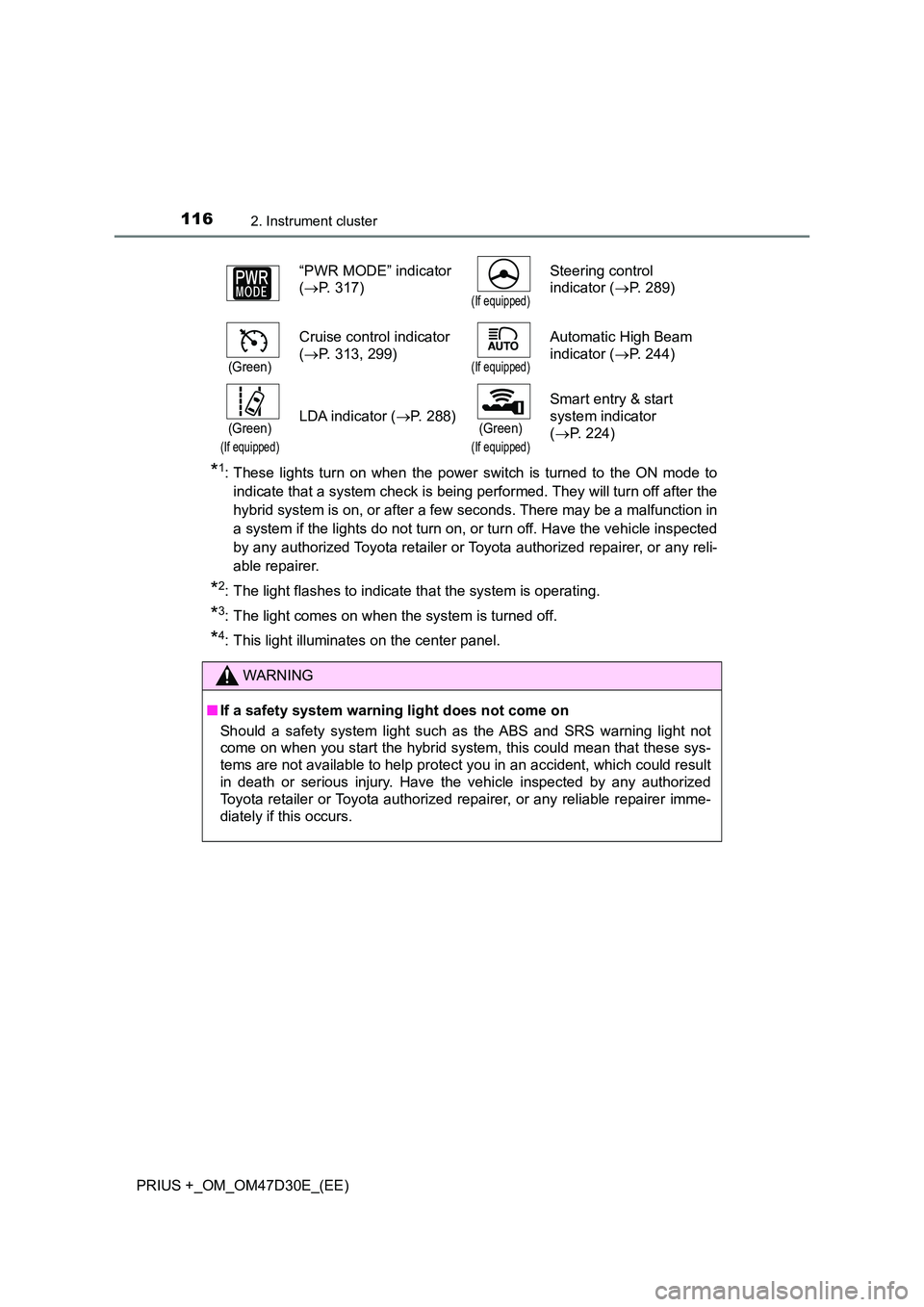 TOYOTA PRIUS PLUS 2019  Owners Manual 1162. Instrument cluster
PRIUS +_OM_OM47D30E_(EE)
*1: These lights turn on when the power switch is turned to the ON mode to 
indicate that a system check is being performed. They will turn off after 