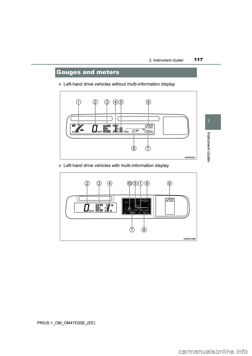 TOYOTA PRIUS PLUS 2019  Owners Manual 117
2
2. Instrument cluster
Instrument cluster
PRIUS +_OM_OM47D30E_(EE)
Gauges and meters
Left-hand drive vehicles without multi-information display
Left-hand drive vehicles with multi-informati