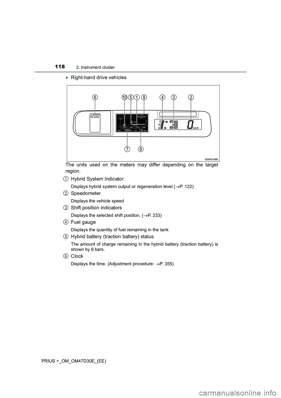 TOYOTA PRIUS PLUS 2019  Owners Manual 1182. Instrument cluster
PRIUS +_OM_OM47D30E_(EE)
Right-hand drive vehicles
The units used on the meters may differ depending on the target
region.
Hybrid System Indicator
Displays hybrid system ou