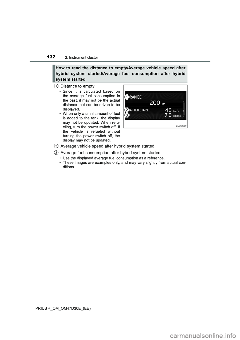 TOYOTA PRIUS PLUS 2019  Owners Manual 1322. Instrument cluster
PRIUS +_OM_OM47D30E_(EE)
Distance to empty
• Since it is calculated based on
the average fuel consumption in
the past, it may not be the actual
distance that can be driven t