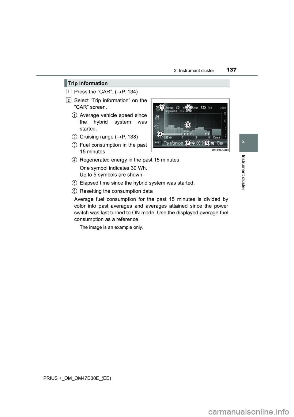 TOYOTA PRIUS PLUS 2019  Owners Manual 1372. Instrument cluster
2
Instrument cluster
PRIUS +_OM_OM47D30E_(EE)
Press the “CAR”. (P. 134)
Select “Trip information” on the
“CAR” screen.
Average vehicle speed since
the hybrid sy