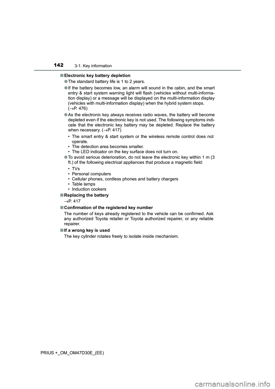 TOYOTA PRIUS PLUS 2019  Owners Manual 1423-1. Key information
PRIUS +_OM_OM47D30E_(EE)■Electronic key battery depletion
●The standard battery life is 1 to 2 years.
●If the battery becomes low, an alarm will sound in the cabin, and t