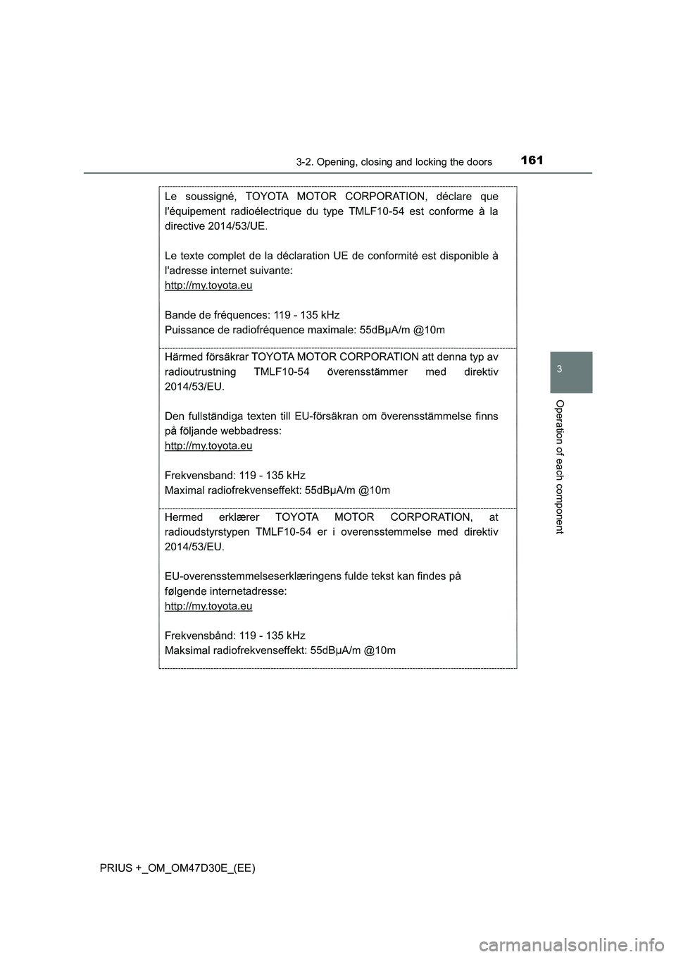 TOYOTA PRIUS PLUS 2019  Owners Manual 1613-2. Opening, closing and locking the doors
3
Operation of each component
PRIUS +_OM_OM47D30E_(EE) 