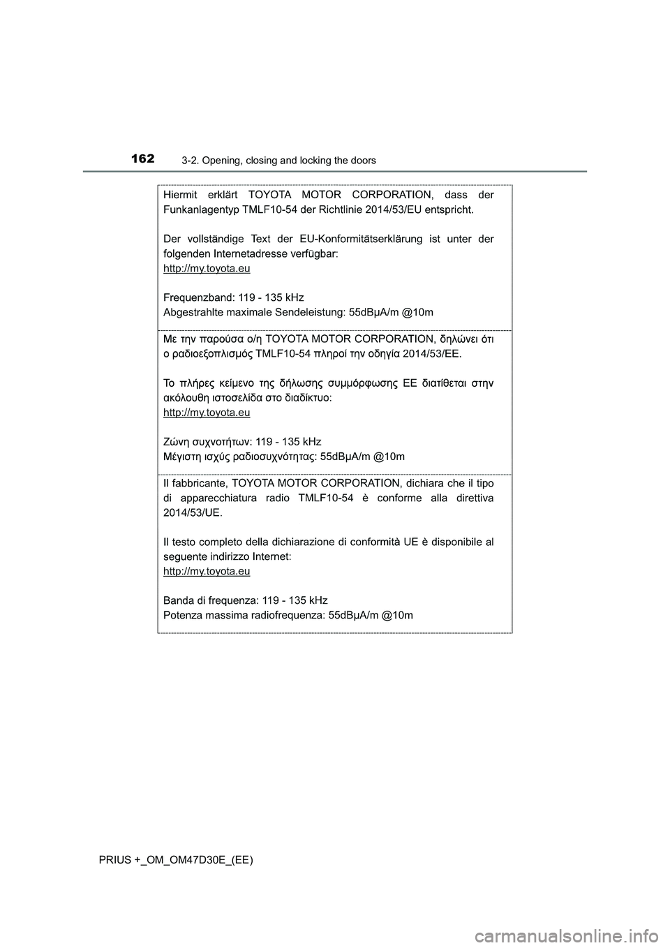 TOYOTA PRIUS PLUS 2019  Owners Manual 1623-2. Opening, closing and locking the doors
PRIUS +_OM_OM47D30E_(EE) 
