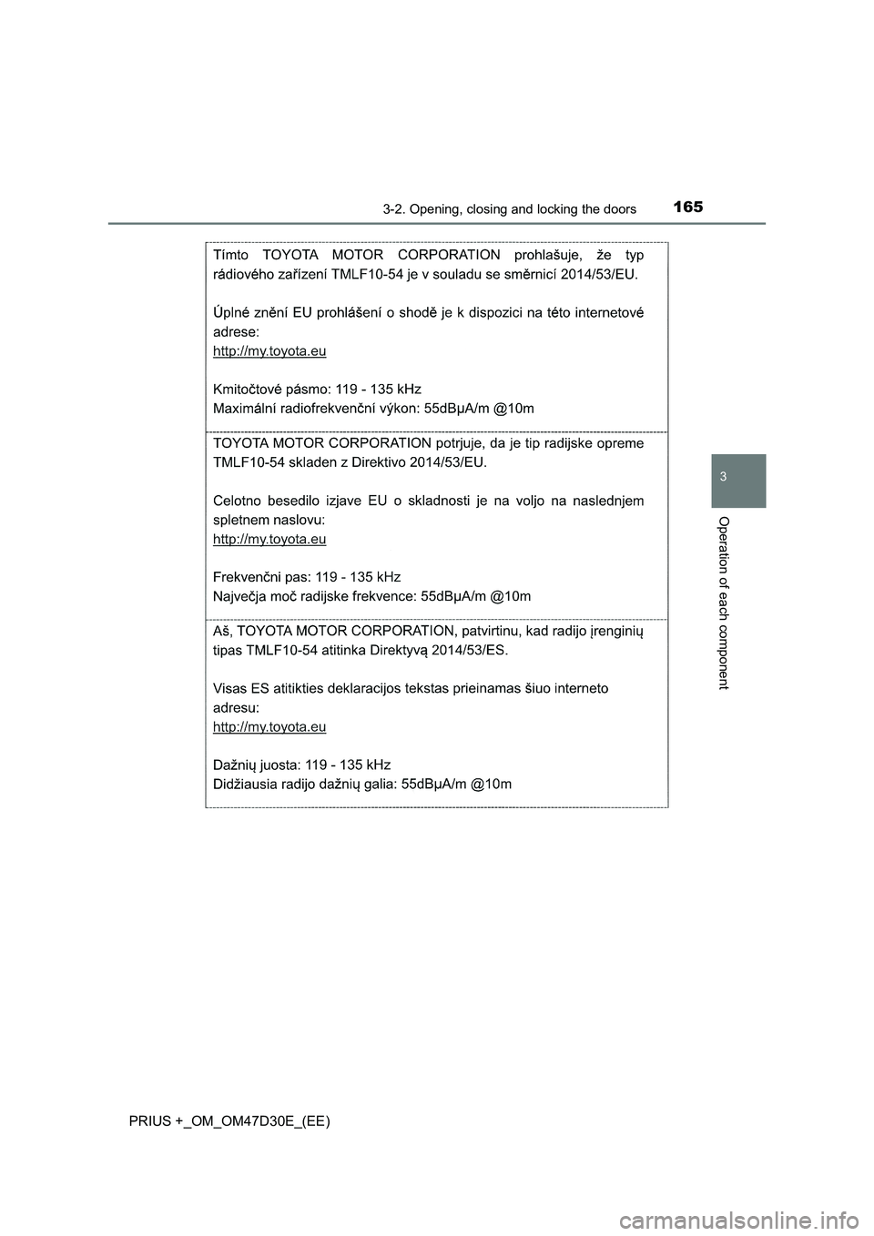 TOYOTA PRIUS PLUS 2019  Owners Manual 1653-2. Opening, closing and locking the doors
3
Operation of each component
PRIUS +_OM_OM47D30E_(EE) 