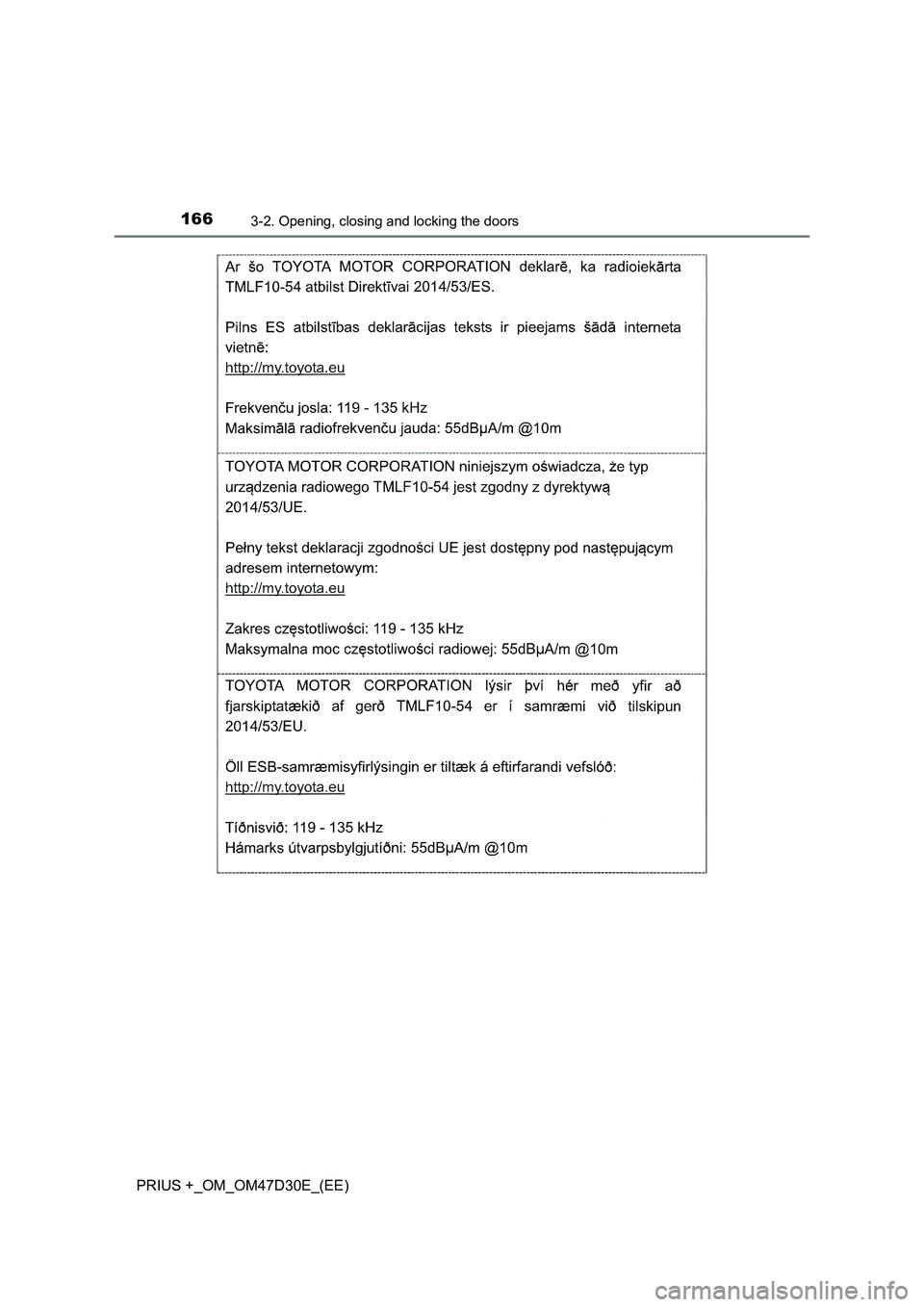 TOYOTA PRIUS PLUS 2019  Owners Manual 1663-2. Opening, closing and locking the doors
PRIUS +_OM_OM47D30E_(EE) 