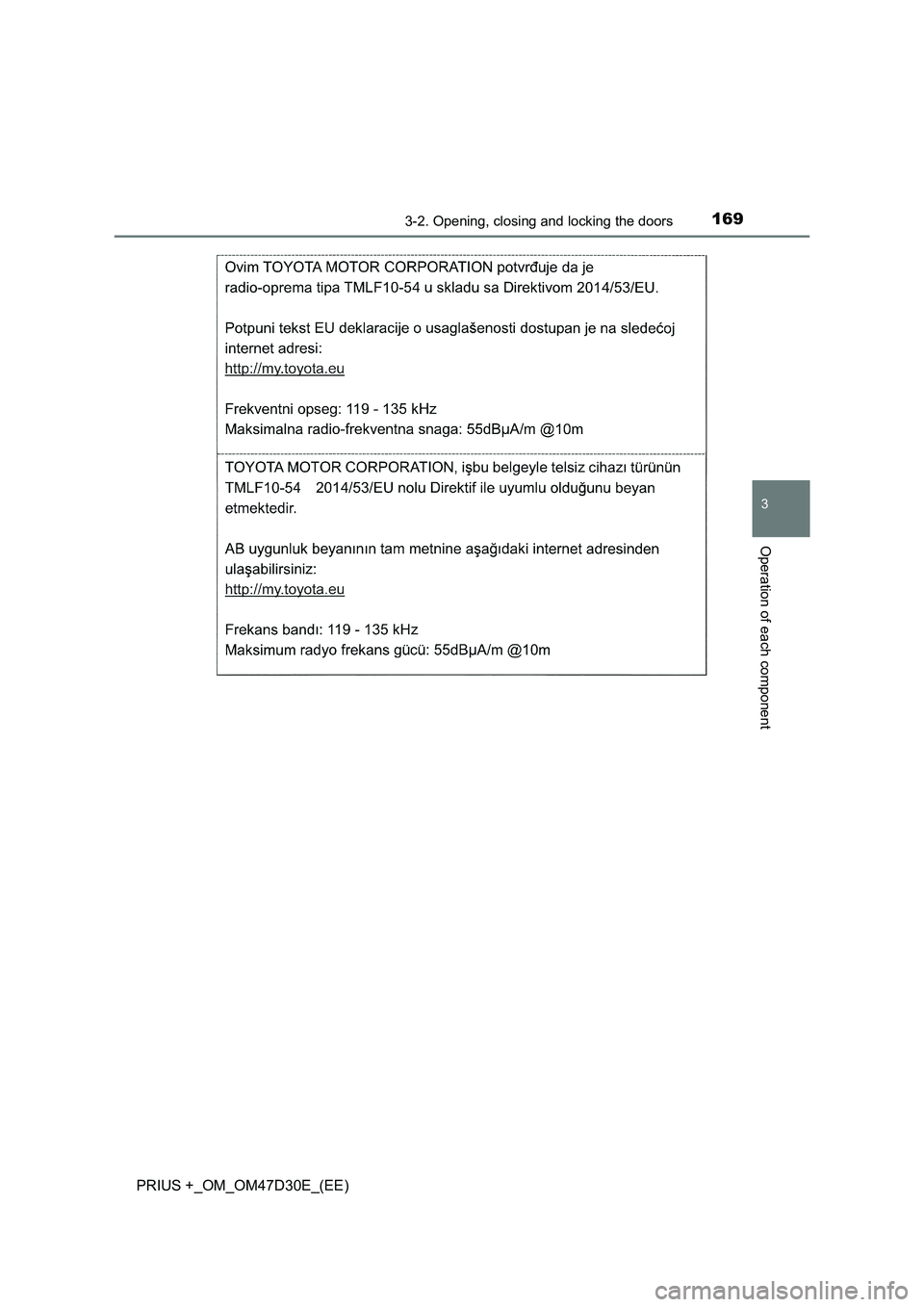 TOYOTA PRIUS PLUS 2019  Owners Manual 1693-2. Opening, closing and locking the doors
3
Operation of each component
PRIUS +_OM_OM47D30E_(EE) 