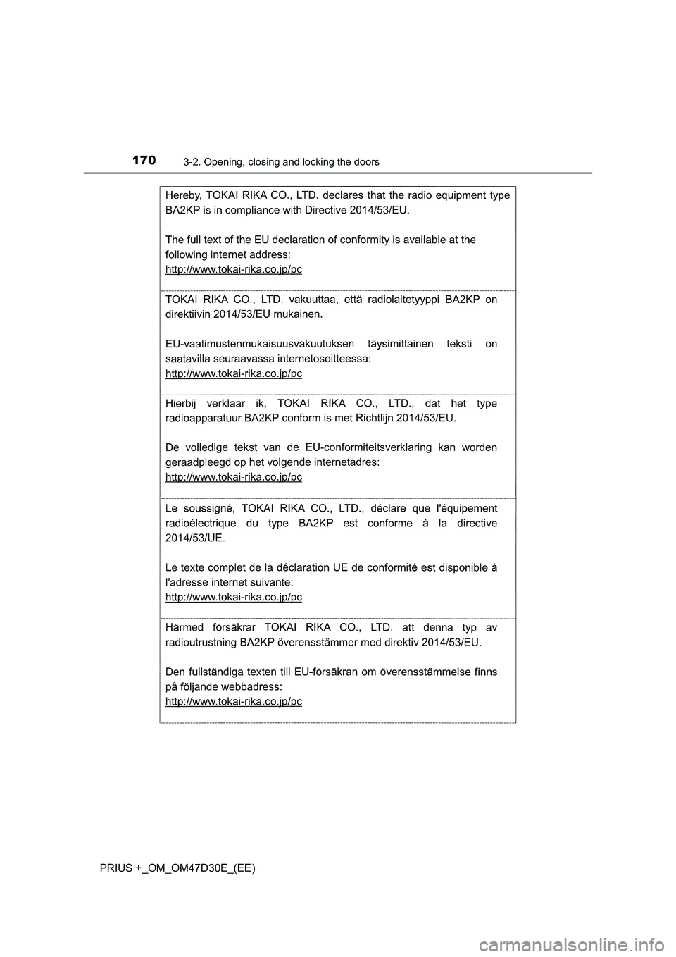 TOYOTA PRIUS PLUS 2019  Owners Manual 1703-2. Opening, closing and locking the doors
PRIUS +_OM_OM47D30E_(EE) 
