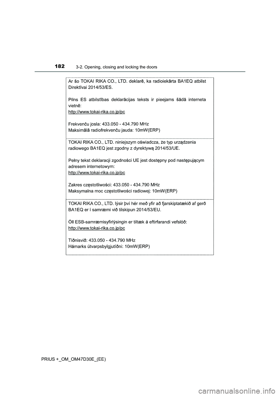 TOYOTA PRIUS PLUS 2019  Owners Manual 1823-2. Opening, closing and locking the doors
PRIUS +_OM_OM47D30E_(EE) 